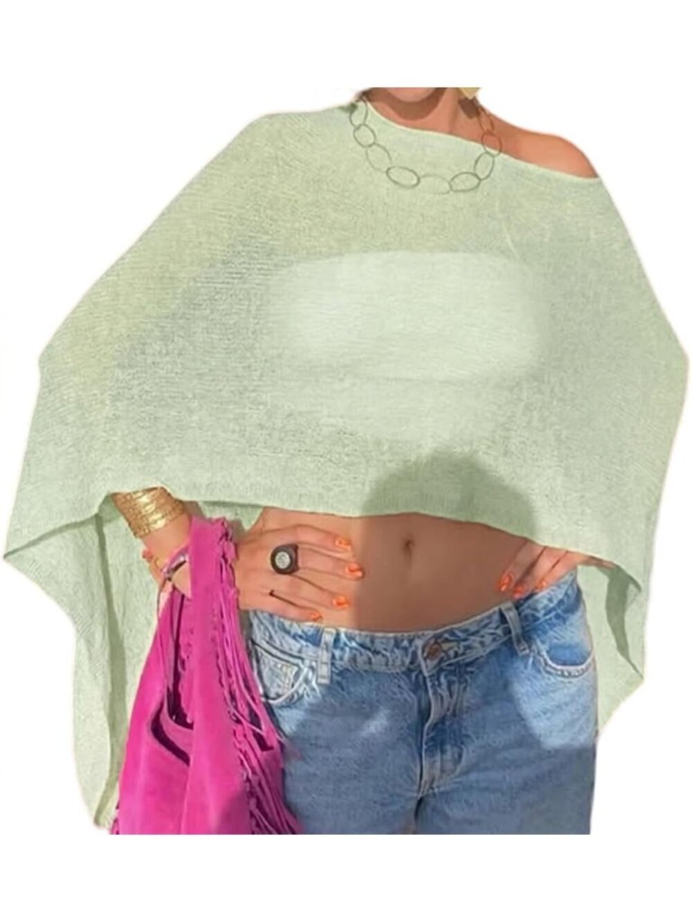 Women's Green Sheer Poncho Top Knit Crochet Lightweight See Through Shawl